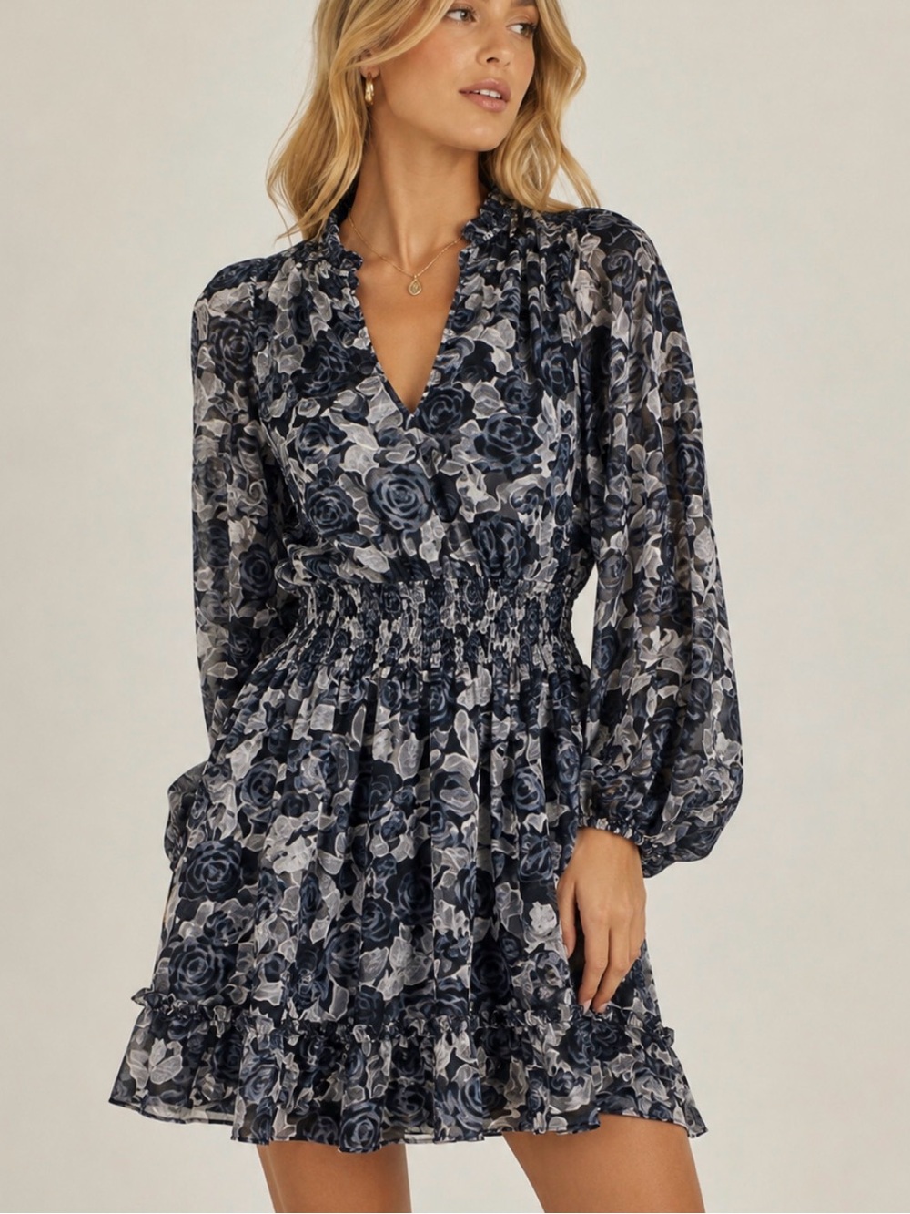 O.P.T. Black & Gray Floral Mini Dress | Smocked Waist | Size M ✨